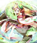  :d barefoot blonde_hair chinese_clothes emia_(castilla) green_eyes long_hair meimei_(p&amp;d) off_shoulder open_mouth puzzle_&amp;_dragons smile snake solo turtle_shell 
