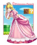  blonde_hair blue_eyes crown dress earrings gloves gown hand_on_own_cheek highres jewelry long_hair looking_at_viewer mario_(series) pink_dress princess princess_peach puffy_sleeves short_sleeves smile solo super_mario_bros. text_focus white_gloves yuu-414 