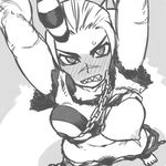  arms_up barefoot blush breast_slip breast_squeeze breasts chain chained full-face_blush greyscale horn large_breasts monochrome nipples one_breast_out prison_clothes pubic_hair scar scythana sharp_teeth shirt skullgirls solo striped striped_shirt teeth torn_clothes tsukudani_(coke-buta) 