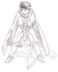  cape clenched_teeth fighting_stance headband loan_knight male_focus monochrome shadow sketch solo sword teeth traditional_media weapon yoshitomi_akihito 