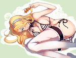  bikini blonde_hair blue_eyes breasts dango detached_collar food hair_over_one_eye headband kondou_isami_(sengoku_collection) large_breasts long_hair lying mantarou mouth_hold on_side sengoku_collection side-tie_bikini solo striped striped_bikini swimsuit thighhighs wagashi white_legwear 