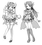  elbow_gloves gloves greyscale long_hair magical_girl monochrome multiple_girls navel original satou_kuuki thighhighs 