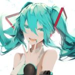  :d black_sleeves blue_eyes blue_hair blue_nails detached_sleeves floating_hair hair_between_eyes hatsune_miku highres long_hair long_sleeves nail_polish open_mouth saihate_(d3) shirt simple_background sleeveless sleeveless_shirt smile solo twintails upper_body vocaloid white_background white_shirt 