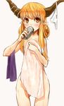  ass_visible_through_thighs beer_can blonde_hair blush bow bow_panties can covered_mouth covering cowboy_shot drinking highres horns ibuki_suika long_hair looking_at_viewer nishiuri nude nude_cover orange_eyes panties pointy_ears simple_background sketch slit_pupils solo touhou towel underwear wet white_background white_panties white_towel 