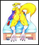  absurd_res anthro bed black_sclera blue_eyes blush book butt canine_dildo claws condom danwolf15 digimon digitigrade dildo female foot_focus fur hi_res hindpaw looking_at_viewer neck_ruff pawpads paws presenting presenting_hindquarters pussy pussy_juice renamon sex_toy soles solo three_toes toes 