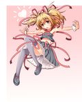  adapted_costume bare_shoulders black_legwear blonde_hair hair_ribbon nekotama_shun open_mouth outstretched_arms red_eyes ribbon rumia solo strapless touhou tubetop twintails 