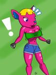  animal_crossing blue_eyes breasts cervine cleavage clothed clothing deer ear_piercing female fuchsia fuchsia_(animal_crossing) mammal nintendo piercing solo tube_top unknown_artist video_games 