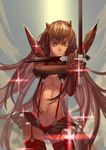  black_hair blade blue_eyes breasts dual_wielding eyebrows garter_straps highres holding katana kill_la_kill kiryuuin_satsuki long_hair looking_at_viewer medium_breasts nanaya_(daaijianglin) navel senketsu skirt solo sparkle spoilers suspenders sword thick_eyebrows underboob very_long_hair weapon 