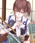  bad_id bad_pixiv_id blush bow_(weapon) brown_eyes brown_hair cleaning flight_deck japanese_clothes kaga_(kantai_collection) kantai_collection mozuku_(dexisupea) muneate short_hair side_ponytail sitting skirt sliding_doors solo weapon 