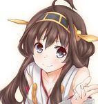  ahoge bare_shoulders blush brown_hair closed_mouth colorized eyebrows_visible_through_hair face hairband headgear kantai_collection ki_(kk-sk-ray) kongou_(kantai_collection) long_hair looking_at_viewer negoto nontraditional_miko smile solo upper_body 