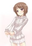  aran_sweater brown_hair cowboy_shot fingers_together highres kinuhata_saiai looking_at_viewer purple_eyes short_hair simple_background smile solo stretch sweater to_aru_kagaku_no_railgun to_aru_majutsu_no_index waiz_(waiz009) 