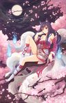  ahri animal_ears bare_shoulders black_hair blue_fire blush brown_eyes cherry_blossoms detached_sleeves dress fire flower fox_ears fox_tail full_moon korean_clothes kyurin_(sunnydelight) league_of_legends long_hair long_sleeves looking_at_viewer moon multiple_tails smile solo tail tree 