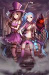  belt blue_hair boots braid brown_eyes brown_gloves brown_hair caitlyn_(league_of_legends) city dress fingerless_gloves gloves hand_on_hip hat highres holding holding_weapon jinx_(league_of_legends) kyurin_(sunnydelight) league_of_legends long_hair looking_at_viewer multiple_girls navel purple_dress purple_eyes rocket_launcher smile standing tattoo thighhighs twin_braids weapon 