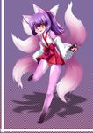  amber_eyes animal_ears camel_toe canine checkered_background detached_sleeves female fox fox_ears fur hair hi_res japanese_clothing langlong mammal multiple_tails open_mouth original panties pawpads pink_fur ponytail purple_hair solo standing underwear 