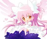  bow chibi dress gloves hahifuhe hair_bow heart kaname_madoka long_hair looking_at_viewer magical_girl mahou_shoujo_madoka_magica pink_hair smile solo spoilers thighhighs two_side_up ultimate_madoka yellow_eyes 