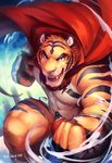  abs anthro armor biceps big_muscles black_fur blue_eyes body_markings build_tiger build_tiger_(character) cape fangs feline fur gloves grin looking_at_viewer male mammal markings muscles nipples null-ghost open_mouth orange_fur pecs pose smile solo standing stripes teeth thong tiger toned tongue topless white_fur 
