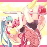  aqua_hair blue_eyes blush flower hair_flower hair_ornament hatsune_miku kaname_monika long_hair looking_at_viewer shorts solo spoon twintails vocaloid 