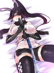  animal_ears black_hair blindfold blush bunny_ears elbow_gloves ganesagi gloves highres long_hair phantasy_star phantasy_star_online_2 scarf solo sword thanks_festa_2013_t-shirt thighhighs weapon 