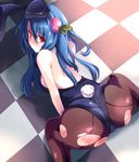  animal_ears ass blue_hair blush breasts brown_legwear bunny_ears bunnysuit checkered checkered_floor food fruit hinanawi_tenshi long_hair looking_at_viewer medium_breasts morogami_ryou pantyhose peach red_eyes sitting solo top-down_bottom-up torn_clothes torn_legwear touhou wariza 