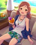  :d artist_request brown_eyes brown_hair drink earrings eyelashes fruit_cup idolmaster idolmaster_cinderella_girls jewelry komatsu_ibuki necklace official_art open_mouth pool shorts smile solo tank_top tropical_drink 