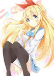  absurdres bad_id bad_pixiv_id between_legs black_legwear blonde_hair blue_eyes hair_ribbon highres kirisaki_chitoge long_hair looking_at_viewer necktie neko_sensha nisekoi pleated_skirt ribbon school_uniform skirt smile solo thighhighs zettai_ryouiki 