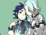  aqua_hair bad_id bad_pixiv_id eye_contact fubuki_shirou gym_uniform iko_(i-my-16) inazuma_eleven_(series) interlocked_fingers kageyama_hikaru looking_at_another multiple_boys purple_hair 