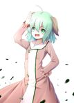  40cabbage ahoge animal_ears blush dress green_eyes green_hair hand_on_hip kasodani_kyouko open_mouth short_hair simple_background smile solo touhou white_background 