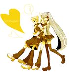  2girls bad_id bad_pixiv_id blonde_hair brother_and_sister full_body hairband hatsune_miku iko_(i-my-16) kagamine_len kagamine_rin long_hair looking_at_viewer multiple_girls short_hair shorts siblings skirt sleeveless smile twins twintails very_long_hair vocaloid 