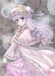  blush bow bowtie capelet circle cloak clothes_grab crescent dress embellished_costume floating_hair frills grey_background hat light_smile long_hair nail_polish patchouli_knowledge purple_eyes purple_hair sample solo striped striped_dress touhou vertical_stripes wacolor wide_sleeves 