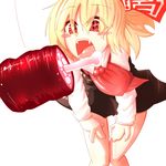  370ml ascot black_dress blonde_hair boned_meat dress fangs fishing_line fishing_lure food hair_ribbon long_sleeves meat open_mouth red_eyes ribbon rumia shirt solo touhou 