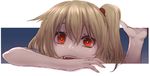  blonde_hair commentary_request fang fingernails flandre_scarlet fourth_wall looking_at_viewer open_mouth red_eyes side_ponytail solo terimayo touhou 