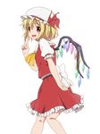  40cabbage ascot blonde_hair blush flandre_scarlet hat open_mouth red_eyes ribbon short_hair side_ponytail simple_background skirt smile solo touhou v white_background wings 