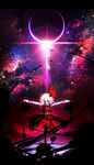  ascot bad_id bad_pixiv_id blonde_hair darkness eclipse glowing glowing_eye hair_ribbon highres looking_at_viewer night open_mouth outstretched_arms red_eyes ribbon rukitsura rumia shirt skirt skirt_set sky smile solo star_(sky) starry_sky touhou vest 