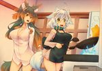  animal_ears apron bare_shoulders breasts brown_hair cleavage cooking dress_shirt gradient_hair green_eyes kuromiya kuromiya_raika large_breasts long_hair multicolored_hair multiple_girls original shiromiya_asuka shirt short_hair tail white_hair 