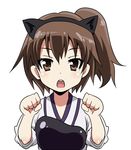  :o animal_ears blush brown_eyes brown_hair cat_ears fake_animal_ears hairband japanese_clothes kaga_(kantai_collection) kantai_collection kimono muneate paw_pose short_hair side_ponytail solo tom_(drpow) 