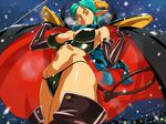  1girl aqua_hair arms_up boots breasts cape carrera demon_girl demon_tail elbow_gloves gloves green_hair halterneck horns leather looking_at_viewer navel night opocom pointy_ears red_eyes scarf short_hair shoulder_pads snow snowing solo tail thigh_boots thighhighs thong viper volvox wink 