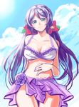  bad_id bad_pixiv_id bikini flower green_eyes hair_flower hair_ornament hand_on_own_stomach highres konya_(chocolate_palette) long_hair love_live! love_live!_school_idol_project purple_hair sarong solo swimsuit toujou_nozomi twintails 