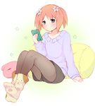  blush cellphone fashion flower green_eyes hair_flower hair_ornament legwear_under_shorts orange_hair pantyhose paw_shoes phone pillow sakura_trick shoes short_hair shorts sitting skirt smartphone solo sonoda_yuu sweater tarabagani twintails 