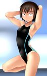  arms_up black_eyes brown_hair competition_swimsuit one-piece_swimsuit original short_hair solo swimsuit tanaka_rikimaru 