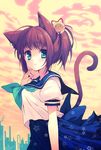  animal_ears bad_id bad_pixiv_id bell blue_eyes blue_skirt blush brown_hair cat_ears cat_tail highres long_skirt looking_at_viewer original ponytail puffy_sleeves reia shirt short_sleeves skirt smile solo tail white_shirt 