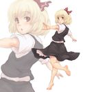  barefoot blonde_hair hair_ribbon highres kuro_suto_sukii looking_at_viewer looking_back open_mouth outstretched_arms red_eyes ribbon rumia shirt short_sleeves skirt skirt_set soles solo toes touhou vest zoom_layer 