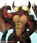  2018 4_fingers anthro big_horns black_scales blue_background capcom dragon featureless_crotch flexing front_view gradient_background hand_on_hip hi_res male monster_hunter muscular muscular_male navel nergigante nude primodrago red_eyes scales simple_background solo video_games white_background wings yellow_eyes 
