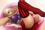  blonde_hair breasts couch dark_skin highres large_breasts long_hair lying murazono on_back one_eye_closed open_mouth original panties pink_panties purple_eyes red_legwear smile solo striped striped_legwear thighhighs underwear v vertical-striped_legwear vertical_stripes 