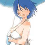  blue_hair blush breasts cleavage large_breasts looking_at_viewer lowres mahou_shoujo_madoka_magica miki_sayaka open_mouth shinama short_hair simple_background smile solo umbrella white_background 