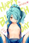  androgynous aqua_hair bad_id bad_pixiv_id blush brown_hair english hair_over_one_eye happy_birthday heart inazuma_eleven inazuma_eleven_(series) inazuma_japan jacket kazemaru_ichirouta long_hair looking_at_viewer male_focus nalse navel nipples open_clothes open_jacket otoko_no_ko parted_lips ponytail shirtless sitting solo track_jacket white_background 