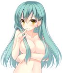  blush breast_hold breasts cleavage collarbone commentary_request eyelashes finger_to_mouth green_hair grin hair_between_eyes hair_censor hair_ornament kantai_collection large_breasts long_hair looking_at_viewer miko_92 navel nude simple_background sketch smile solo suzuya_(kantai_collection) upper_body white_background yellow_eyes 