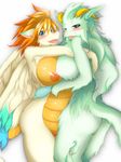  anthro areola big_breasts blonde_hair blue_eyes blush breasts dragon duo erect_nipples female flammie furred_dragon green_hair hair horn looking_at_viewer nintendo nipples open_mouth orange_hair plain_background pussy secret_of_mana standing tongue video_games white_background wings yus-ts 