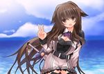  bad_id bad_pixiv_id belt blush breasts brown_eyes brown_hair cleavage cloud day hair_intakes large_breasts long_hair original shiroie_mika skirt sky smile solo sword thighhighs v water weapon zettai_ryouiki 