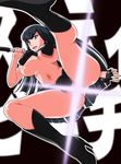  black_eyes black_hair black_legwear breasts censored fingerless_gloves gloves higashiyama_(higashiyama_honpo_l.t.d) kill_la_kill kiryuuin_satsuki large_breasts long_hair navel nudist_beach_uniform solo spoilers thighs very_long_hair 