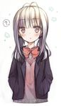  :o ? antenna_hair blush bow hands_in_pockets looking_at_viewer original red_eyes school_uniform silver_hair solo sweater_vest yamcha_(cocololi) 